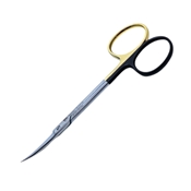 Iris Scissors Curved Super Cut Design With Tungsten-Carbide Inserts Serrated Bottom Blade With Razor Sharp Edge Top Blade With Sharp Pointed Tips Overall Length Of 4 1/2" (115mm) With Two Tone Finish With One Gold Ring And One Black Ring 